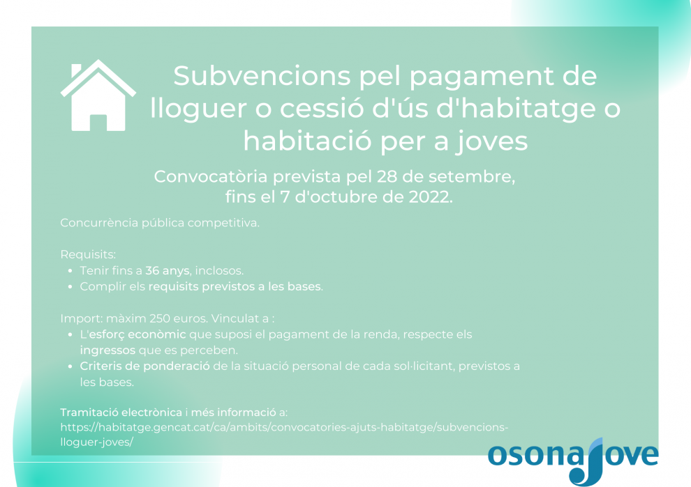 Subvencions pel pagament de lloguer o cessió d'ús d'habitatge o habitació per a joves